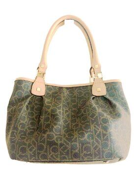 Calvin Klein CK Monogram Tote Satchel Tan Handles 3-Compartment Bag